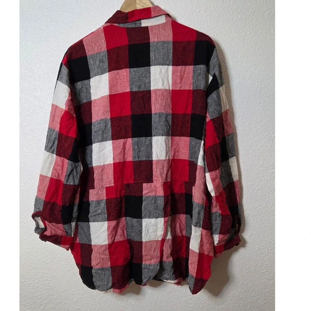 Linen Blend Plaid Button Up Relaxed Coastal Grandma Cottagecore Oversized Top 1X